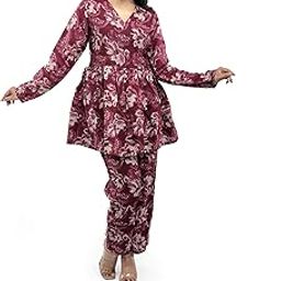 Floral Print Long Sleeve Co-ord Set, V-Neck Peplum Top with Matching Pants, Maroon-image-15