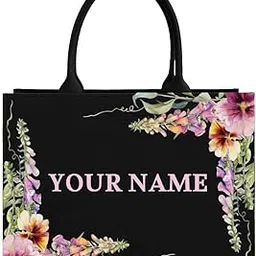 rerden Personalized Floral Canvas Tote Bag, Black Background with Watercolor Flower Design, Double Handle, Custom Name-picture-32