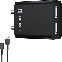 Portronics Adapto 66 2.4A 12w Dual USB Port 5V/2.4A Wall Charger,Comes with 1M Micro USB Cable, USB Wall Charger Adapter for Smartphone (Black)-24