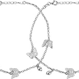 925 Sterling Silver Beads Butterfly Rhodium Plating Charm Anklet (Pair) | Gift for Women & Girls | With Certificate of Authenticity & 925 Stamp|Mother's Day-9