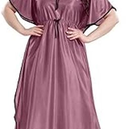 | Women's Satin Kaftan Nightgown, Long Maxi Length, V-Neck with Black Trim, Dusty Pink-image-42