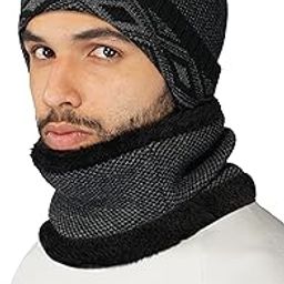iSWEVEN Mens Womens Woolen Winter Cap with Neck Warmer Scarf Set, Cold Weather Beanie Hat Unisex Free Size-image-2
