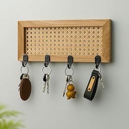 Ikari Homes Wall Mounted Key Holder with Rattan Cane Design I Premium Teak Wood & Indonesian Natural Cane Webbing I Boho Style with 4 Metal Hooks I Size 12 in x 5 in-image-80