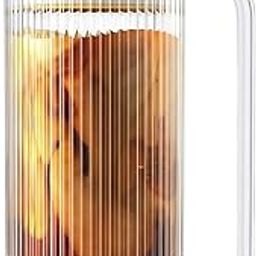 B and S ENTERRPRICE Premium Ribbed Glass Tumbler with Bamboo Lid & Reusable Glass Straw Iced Coffee Glass for Cold Drinks, Milkshake, Smoothie Cup-image-43