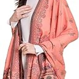 Women's Faux Pashmina Shawl, Paisley Ethnic Woven Design, Peach-picture-3