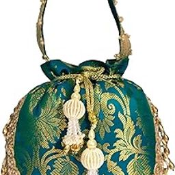 Teal Rounded Brocade Potlis Bag-image-53