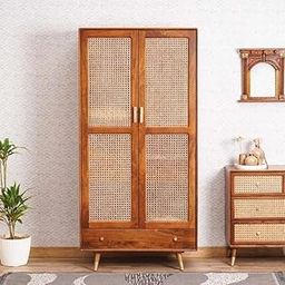 HOMERANGE Solid Wood Brown Finish Cane Wardrobe with Rattan Doors & Drawers | Almirah for Living Room, Dining Room, Bed Room & Guest Room | 54D x 90W x 185H CM-image-26