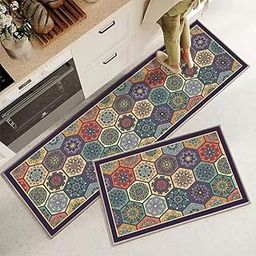 Favria 2pc Rubber Kitchen Mat for Floor/Anti Skid/Anti Slip/Water Absorbent Long Mat/Kitchen Standing Mat/Kitchen Rug Carpet/Runner for Kitchen Floor (Multicolour Hexagonal)-28