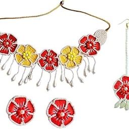 Tipsy Closet Floral Jewellery Set Bridal Choker Necklace Maangtika &Earrings | Handmade Flower Design Bollywood Style Embellished Jewelery Set (Set of 1) (Red & White with Yellow)-image-51