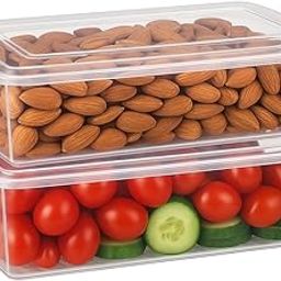 fridge Storage Boxes Set of 2 Fridge Organizer Container with Waterproof Vinyl Stickers & Removable Drain Plate, Lid, Stackable Box, Plastic Containers 1200 ml, Transparent-1