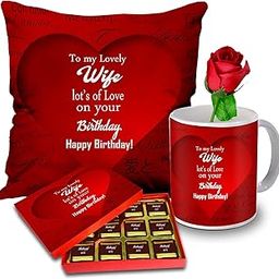 Midiron Birthday Gift For Wife | Special Birthday Combo For Wife, Romantic Birthday Gift Hamper For Wife/Girlfriend Cushion 12X12 Inch, Mug, Chocolates & Artificial Rose, 400 Grams, 400 Gram-image-53