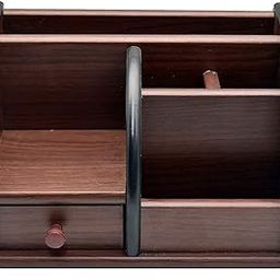 Wooden Desk Organizer with Drawer Multi-Compartment Office Storage Dark Brown and Black-image-13