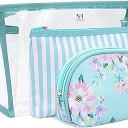 NFI essentials Set of 3 Flower Print Cosmetic Pouch Makeup Pouch Vanity Pouch Travel Organizer Toiletry Pouch for Women, Striped Wristlet Zippered Pouch Set, Large, Medium, Small-3