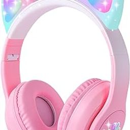HBSTUDIO Ear Kids Bluetooth Headphones,Girls Children Teens, LED Light Up Wireless/Wired Mode Foldable Stereo Girls Headphones with Built-in Mic for School Birthday Gift (Pink)-image-46