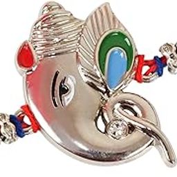 Rakhi for Brother - Premium Silver Ganesh Rakhi for Brother Men Bhaiya Kids Boys with Greeting Card and Tikka - Bracelet Rakhi for Brother-56