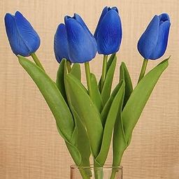 Tied Ribbons Artificial Tulip Flowers Bunch For Vase (Set Of 5, Blue) Home Decoration Living Room Bedroom Table Top Decorative Items - Silk-1
