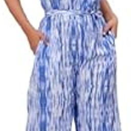 Women's V-Neck Tie-Waist Jumpsuit, Blue and White Pattern, Short Sleeve, Wide-Leg Cropped Length whit-picture-30