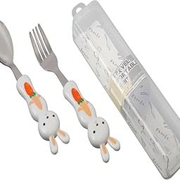 JAXHOMCute Bunny Kids Cutlery Set – Spoon & Fork with Travel Case | Stainless Steel Utensils with Adorable Animal Design – Perfect for Toddlers & Children (White)-26