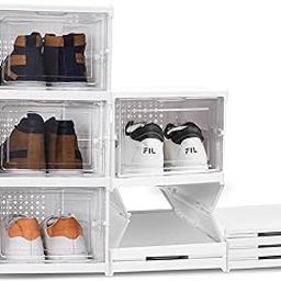 ABOUT SPACE Sneaker Box- 3 Tier Shoe Rack | Collapsible Shoe Organiser With Door-Foldable Sneaker Crates Footwear Organiser For Men, Women, Heels, Boots, Loafers, Sneakers, Slippers (White) - Plastic-5