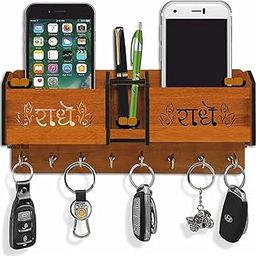 RHT MDF Wooden Wall Mounted Designer Key Holder & Mobile Storage Box | Holder | Pen Stand for Decor Home | 8 Stainless Steel Hooks(Radhe Radhe Design)-image-13