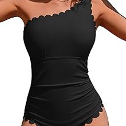 One Shoulder One Piece Swimsuit Women Ribbed Scalloped Bathing Suit Cutout 1 Piece Slimming Full Coverage Swim Suit-picture-6
