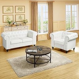 Naomi Home Emery Chesterfield Loveseat & Accent Chair Set - Timeless Tufted Design, Rolled Arms, Perfect for Living Rooms and Small Spaces, Easy Tool-Free Assembly, White-image-77