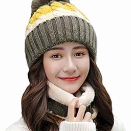 Twist Color Matching Winter Soft Warm 1 Set Snow Proof Knitted Ball Cap (Inside Fur) Woolen Beanie Cap with Scarf Muffler for Women Girl (Green)-14
