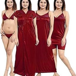 Women's Satin Maroon Color, Relaxed, Nighty Set (Set Of 6, Free Size)-image-63