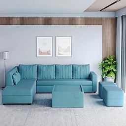 FURNY Stolastor 8 Seater Fabric LHS L Shape Sofa Set with 1 Centre Table & 2 Puffy (Sky Blue)-image-41