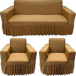 Gifts Island® Sofa Cover 5 Seater Fully Covered Universal Polycotton Spandex Sofa Cover with 360° Frill Non-Slip Sticky Elastic Stretchable Sofa Set Slipcover for (3+1+1 Seater) (Camel Brown)-image-3
