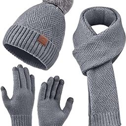 Womens Beanie Hat Scarf Gloves Set,Fleece Lined Winter Hat with Pom Pom,Long Knit Scarf Touchscreen Gloves for Cold Weather-image-70