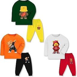 Trendy Printed Unisex Cotton Apparel Full Sleeve T-Shirt Pyjama Track Pant Combo for New Born Baby Kids Boy and Girl Clothing Set (Pack of 3)-5
