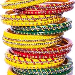 Lah/Lac bangles red,yellow and green color Set, LAHTHI Churi (bangle) zircon work for Women and Girls(16pcs)-17