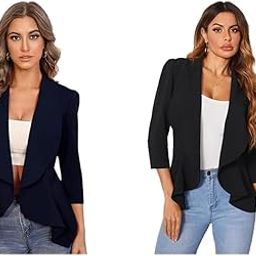 Women's Single Breasted Relaxed Fit Shawl Collar 3/4 Sleeve Blazer Navy Blue Women's Single Breasted Relaxed Fit Shawl Collar 3/4 Sleeve Blazer Coal Black-picture-52