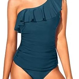 One Shoulder Tankini Swimsuits for Women Slimming Two Piece Bathing Suits Ruffle Swimwear, Sea Blue, Medium-picture-17