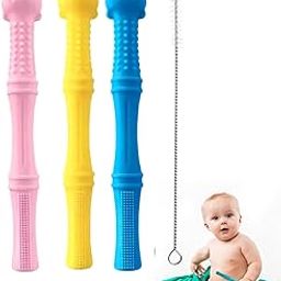 VIZARO Silicone Hollow Baby Teething Tubes, Teethers for 6 to 12 Months with Straw Cleaner Brush, Baby Teething Relief Toys for Babies Girls Boys (Pack of 3pcs)-image-99