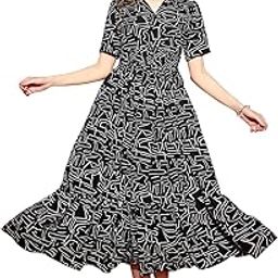 Women's Crepe Fit and Flare Printed Half Sleeve V-Neck Casual Dress-image-30