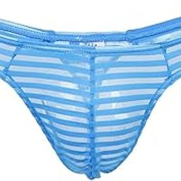 Lr Decor Bazaar Men's Sheer Mesh Striped Pouch Thong Brief T-Back Underwear L Blue-image-55