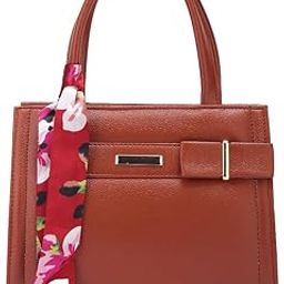 Ladies Structured Handbag with Floral Scarf, Brown Faux Leather, Top Handle-image-4