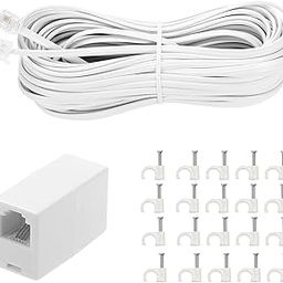 KEBILSHOP 50 Feet Long Telephone Extension Cord Phone Cable Line Wire, with RJ11 Plug and 1 in-Line Couplers and 15 Cable Clip Holders-White-16