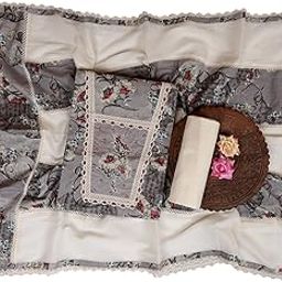 Floral Print Cotton Dress Material, Grey and White with Lace Border, Traditional Design-image-45