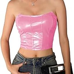 Women's PU Leather Bandeau Tube Top Strapless Bustier Corset Crop Top-image-4