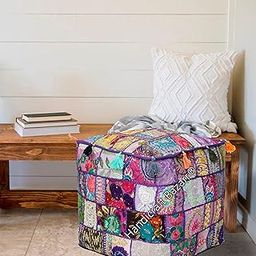Handicraf Bazarr 16 Inch Square Handamde Pouf Cover Traditional Patchwork Pouf Vintage Cotton Living Room Decorative Pouff Embroidery Ethnic Ottoman Foot Stool Pouff Cover (Purple)-image-14