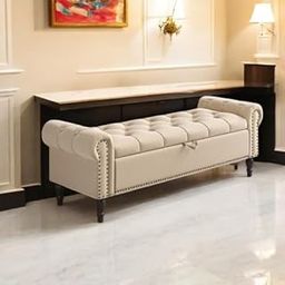 TIMBERNEST-"Elegant Ottoman Bench with Storage | Upholstered Footrest & Seating | Modern Decorative Bench for Living Room, Bedroom, Entryway | Versatile Furniture in (Beige) (Natural)-image-20