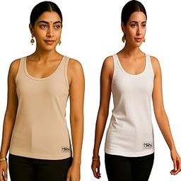 Women's Basic Tank Top Camisole, Sleeveless Cotton Blend, Pack of 2 (in, Alpha, Free Size, Regular, Cream-White)-image-14