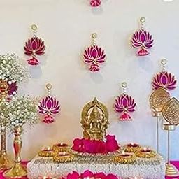 Handmade Wall Decor Lotus with jhumki Style Hanging for Home Decor,Diwali Decor,Wedding and All Festival Decor (6 PCS - Pink/Raani). Export Quality Lotus.Perfect for Temple/Pooja Decor-image-2