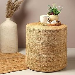 Habere India-All the Cultures Fabricating India Ottoman | pouffe | Ottomans for Living Room | Pouf Stool | Nesting Stool | Jute pouffes for Sitting - Beige, Round (M: Dia40xH41 CM)-image-52