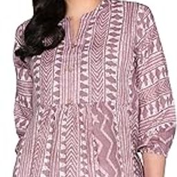 Geometric Print Summer Cotton Tunic Western Everyday Regular Fit Full Sleeve v Neck Office Peplum Printed Long Tops for Women Latest-14