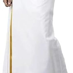 All Size Adjustable Velcro White Cotton Pocket Dhoti with Gold Zari Border for Men (28 to 44 Inches)-34