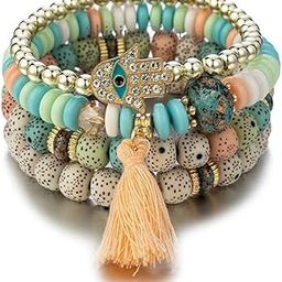 Bohemian Evil Eye Lucky Protection Hamsa Hand Tassel Charm Beaded Bodhi Stylish Multilayer Bangle Bracelet for Women and Girls-25